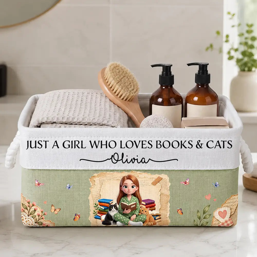 Cat Lovers,Art Design,Confident,Reading,Pet Lovers,Photo - 3D Reading Woman & Man - Custom Photo 3D Book Lover Just A Girl Who Loves Books And Cats - Personalized Storage Basket