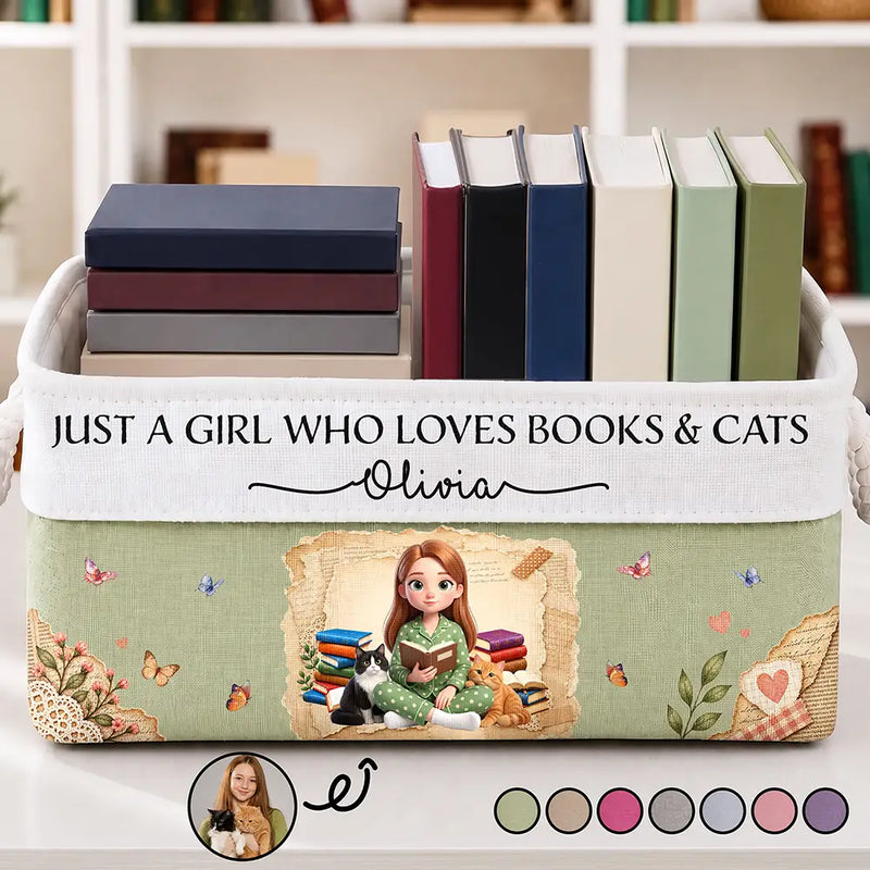Cat Lovers,Art Design,Confident,Reading,Pet Lovers,Photo - 3D Reading Woman & Man - Custom Photo 3D Book Lover Just A Girl Who Loves Books And Cats - Personalized Storage Basket