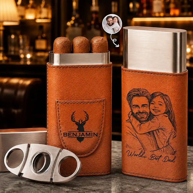Art Design,Sentimental,Gift For Yourself,Gift For Women,Photo - Pencil Sketch - Bold - Custom Photo Bold Sketch Best Dad Ever Family Portrait - Personalized Cigar Case