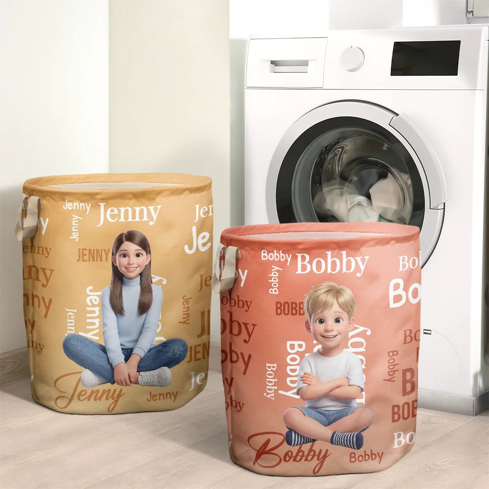 Top Market,Art Design,Playful,Christmas,Gift For Kids,Photo - Cartoon Portrait - Custom Photo Cartoon Portrait Name Word Pattern Gift For Kids - Personalized Laundry Basket, Storage Basket