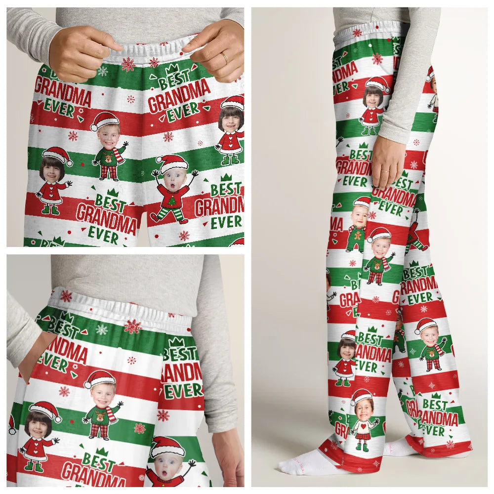 Gift For Father,Playful,Christmas,Custom Photo,Cut-Face Photo - Custom Photo Christmas Stripes Best Dad Mom Grandpa Grandma Ever - Personalized Pajama Pants