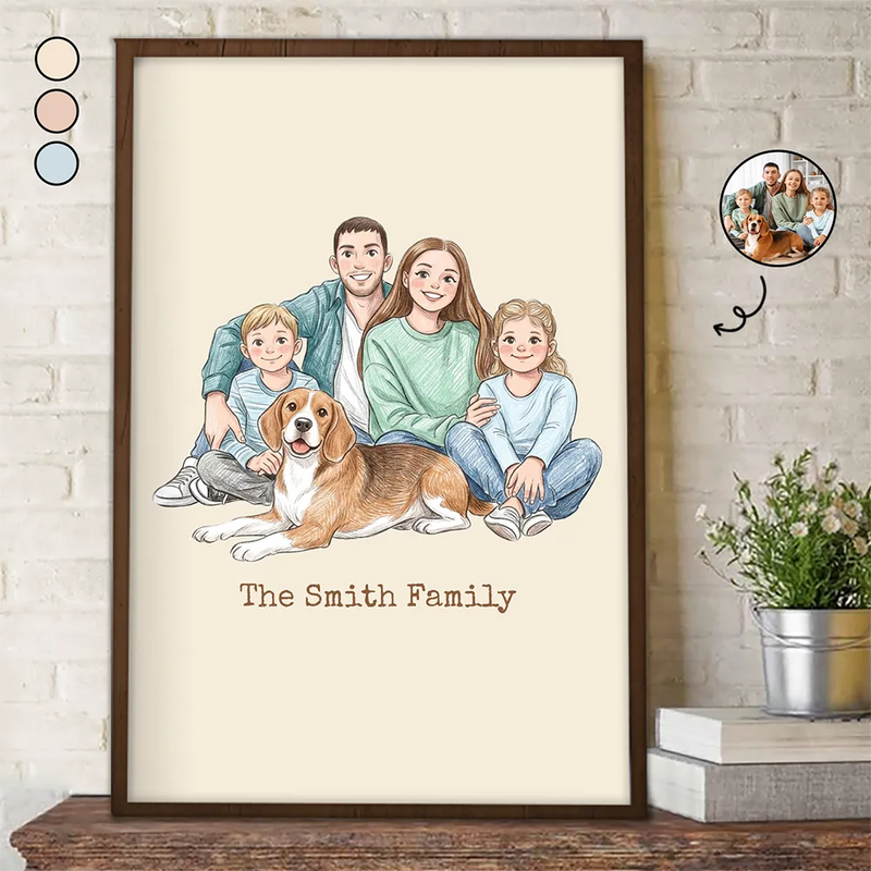 Gift For Husband,Gift For Wife,Parents,Family,Gift For Grandparents,Gift For Sibling,Happy,Non-Eng,Photo - Colored Pencil - Custom Photo Colored Pencil Sketch Happy Family Dad Mom Kid Pet - Personalized Poster