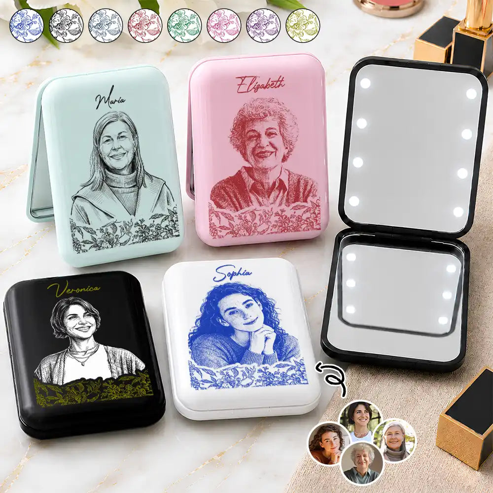 Custom Photo Family Couple Pet Pencil Sketch Toile De Jouy - Personalized LED Compact Mirror