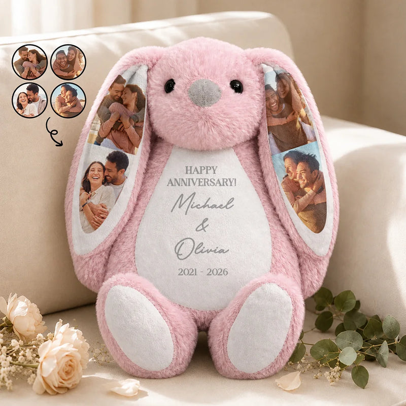 Art Design,Anniversary,Romantic,Gift For Couples,Photo Collage - Custom Photo Forever & Always Couples Anniversary - Personalized Soft Toy Bunny