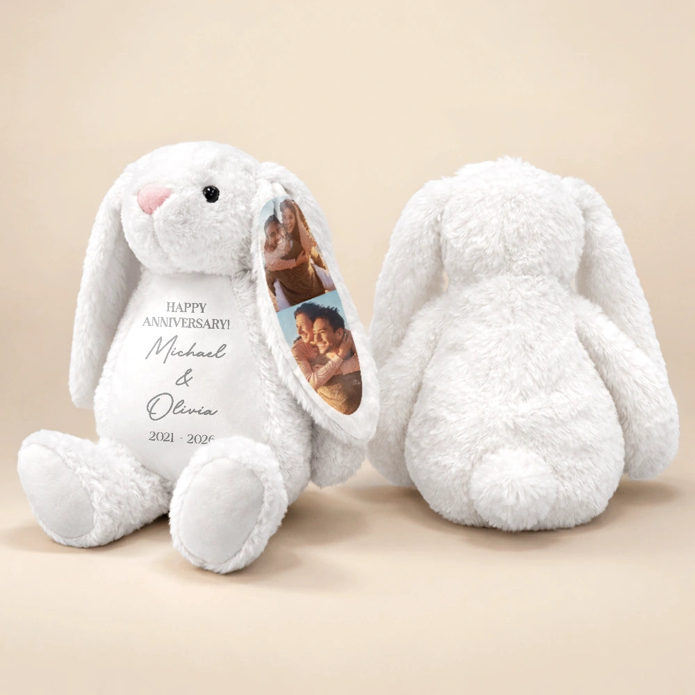 Art Design,Anniversary,Romantic,Gift For Couples,Photo Collage - Custom Photo Forever & Always Couples Anniversary - Personalized Soft Toy Bunny
