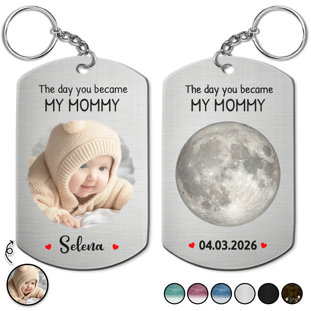 Custom Photo,New Dad,New Mom,New baby,Photo,Moon Phase - Custom Photo Moon Phase The Day You Became My Mom - Personalized Aluminum Keychain