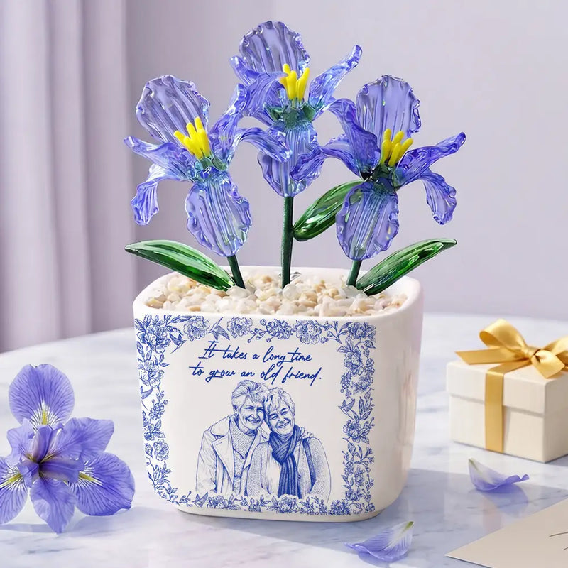 Custom Photo Pencil Sketch A True Friendship Is A Journey Without An End - Personalized Glass Flower Plant Pot