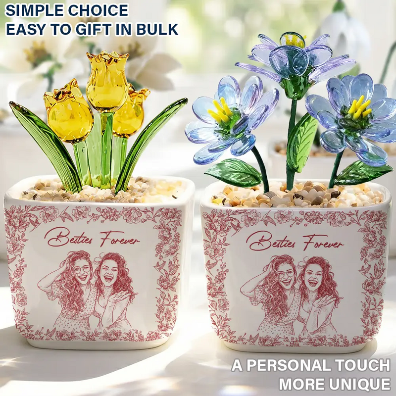 Custom Photo Pencil Sketch A True Friendship Is A Journey Without An End - Personalized Glass Flower Plant Pot