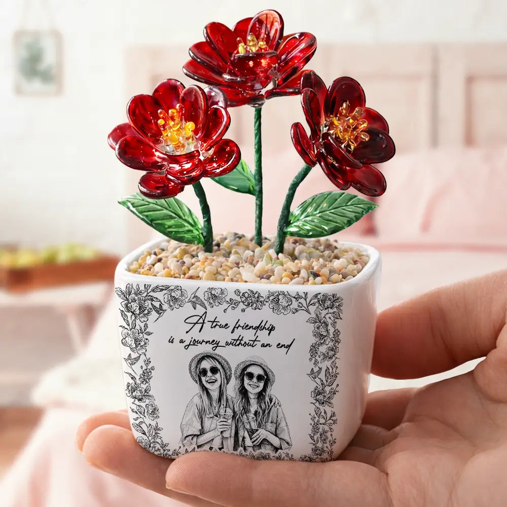 Custom Photo Pencil Sketch A True Friendship Is A Journey Without An End - Personalized Glass Flower Plant Pot