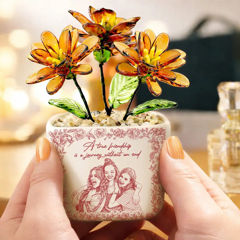 Custom Photo Pencil Sketch A True Friendship Is A Journey Without An End - Personalized Glass Flower Plant Pot
