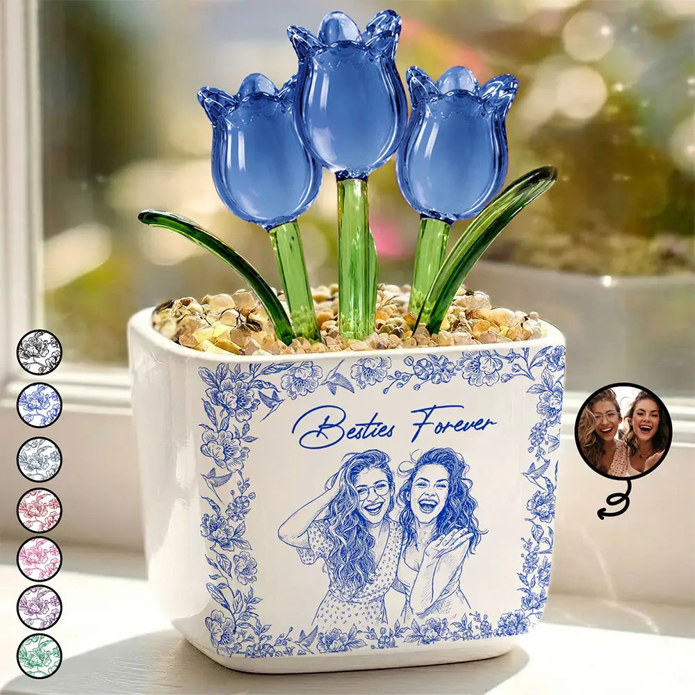 Custom Photo Pencil Sketch A True Friendship Is A Journey Without An End - Personalized Glass Flower Plant Pot