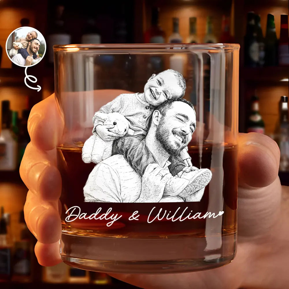 Custom Photo Pencil Sketch Art Family Dog Cat Portrait - Personalized Whiskey Glass