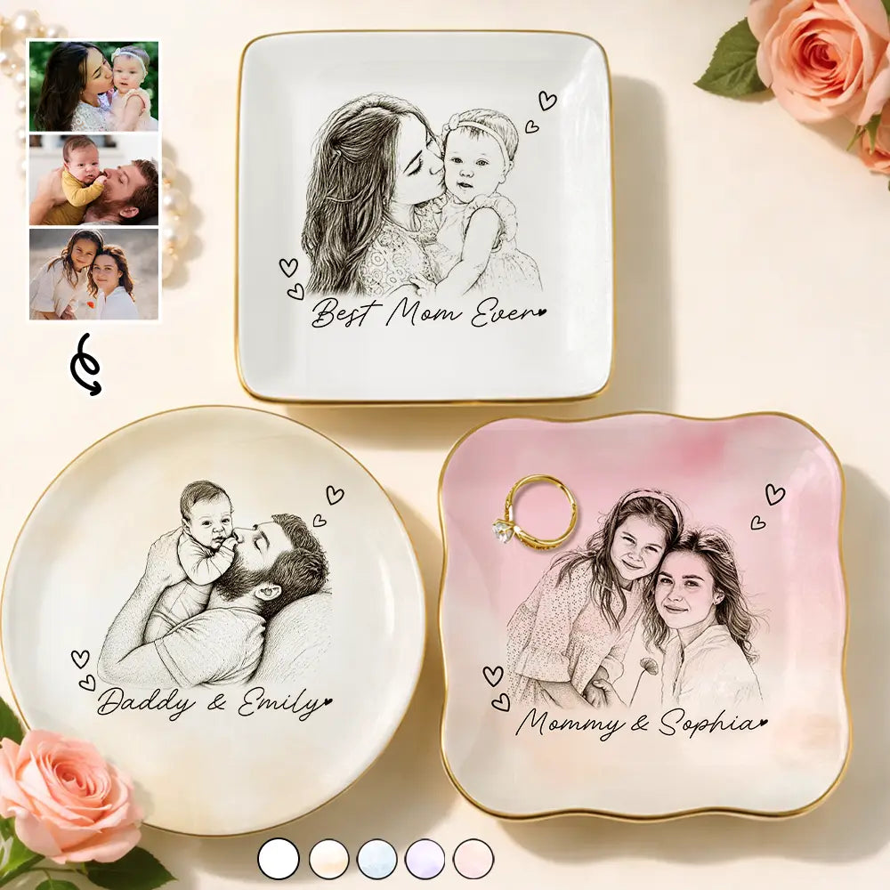 Custom Photo Pencil Sketch Family Dog Cat Portrait - Personalized Ring Dish