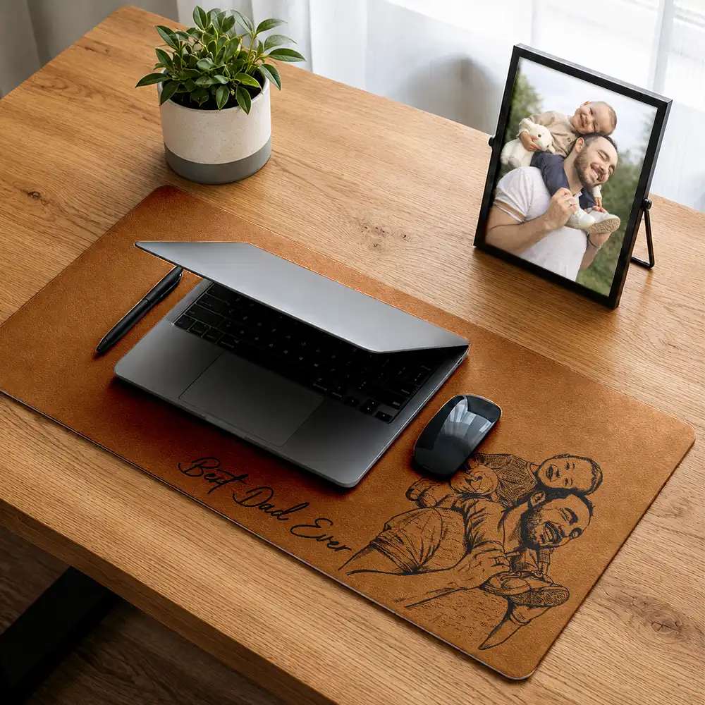 Gift For Husband,Gift For Father,Dad - Children,Photo - Pencil Sketch,Sentimental - Custom Photo Pencil Sketch Family Portrait Best Grandpa Dad Ever - Personalized Leather Desk Mat