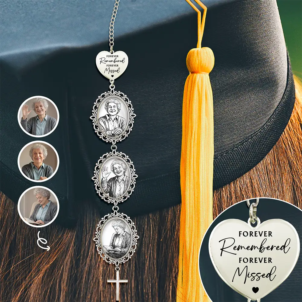 Custom Photo Pencil Sketch Forever Remembered Forever Missed - Personalized Graduation Tassel Charm