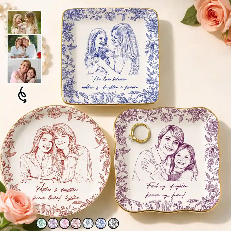 Custom Photo Pencil Sketch The Love Between Mother & Daughter - Personalized Ring Dish