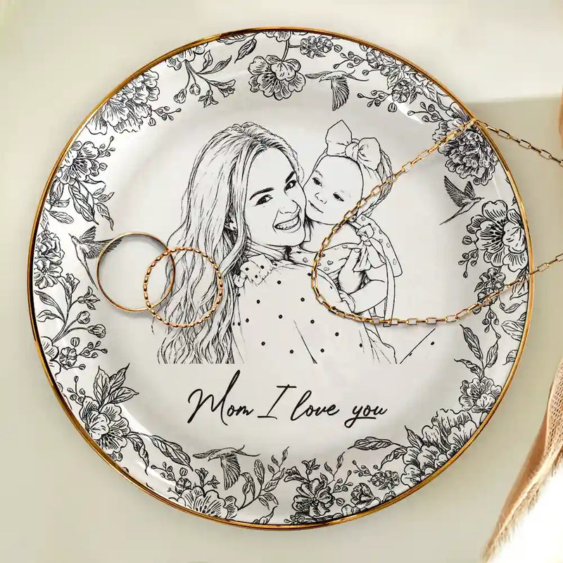 Custom Photo Pencil Sketch The Love Between Mother & Daughter - Personalized Ring Dish
