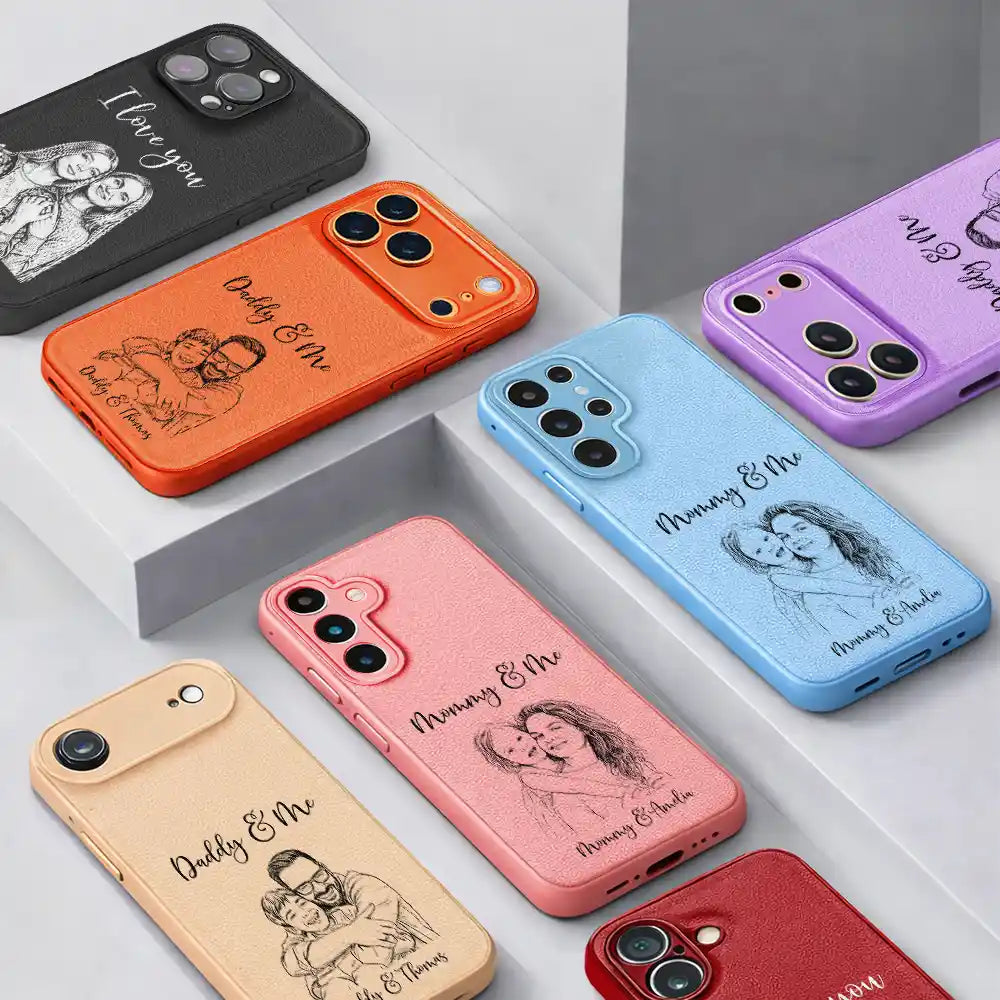 Custom Photo Pencil Sketch We Love You Mommy Daddy - Personalized Leather Phone Case