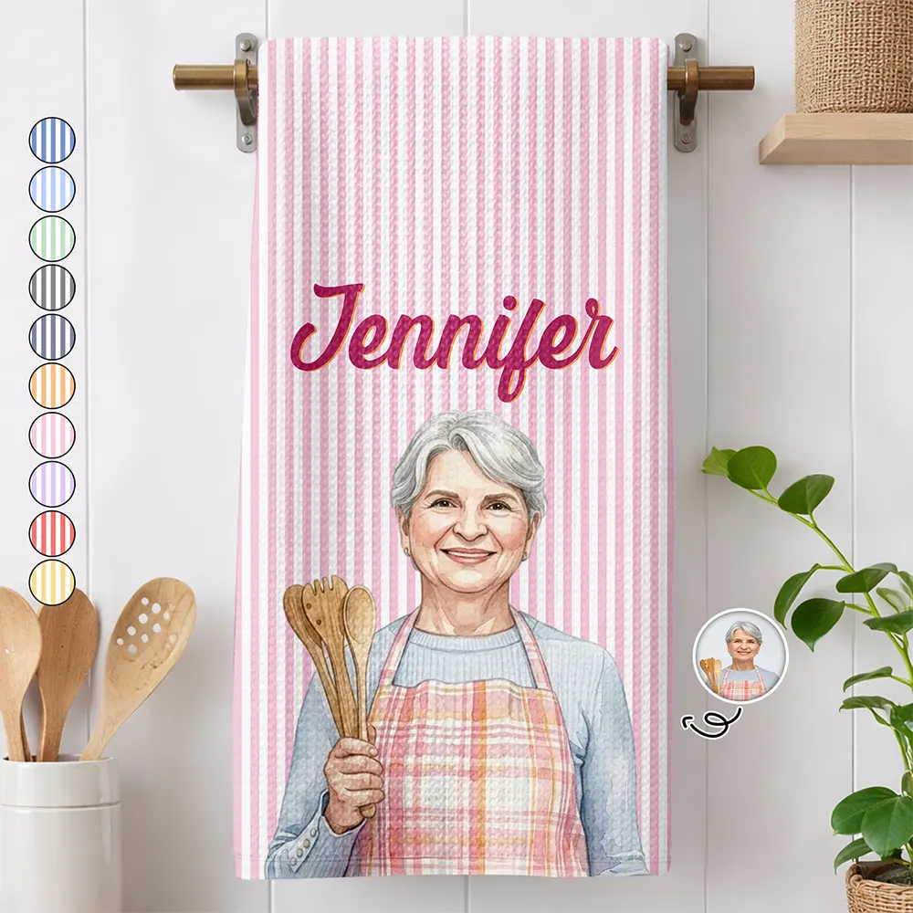 Custom Photo Realistic Watercolor Art Grandma Mom Kid Portrait - Personalized Kitchen Towel