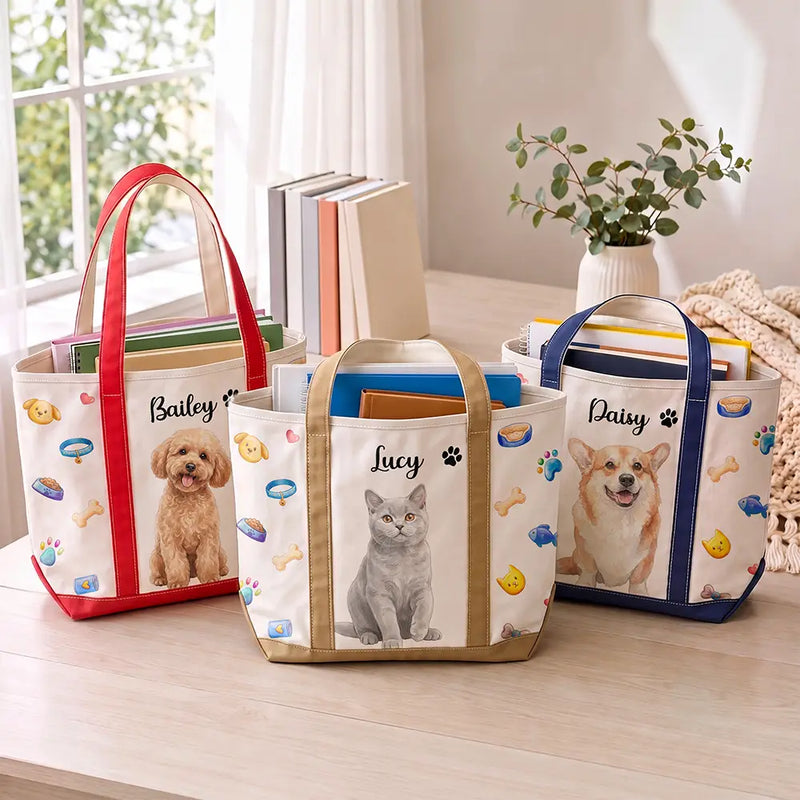 Adorable,Art Design,Pet Lovers,Photo - Watercolor - Remove BG - Custom Photo Realistic Watercolor Art Lovely Dog Cat Portrait - Personalized Fabric Tote Bag