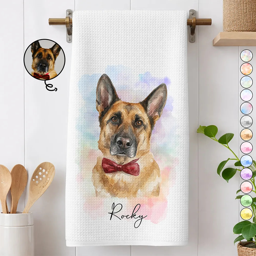 Custom Photo Realistic Watercolor Art Portrait Cat Dog Pet - Personalized Kitchen Towel