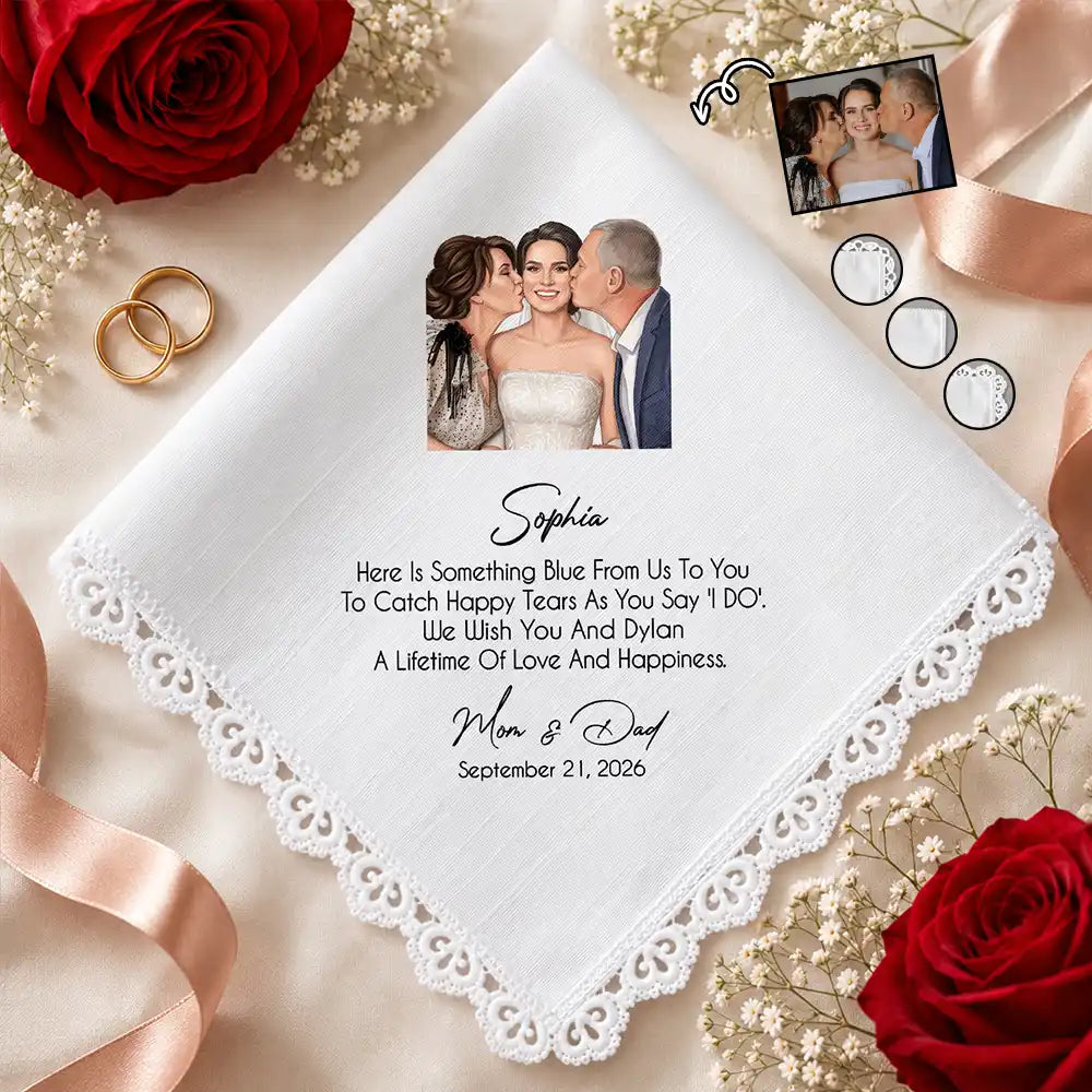 Art Design,Sentimental,Gift For Children,Gift For Daughter,Wedding,Photo - Semi Realistic Portrait,Custom Text - Custom Photo Semi Realistic Portrait Blue Wedding Bride Daughter - Personalized Handkerchief