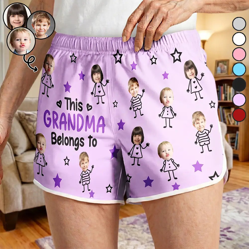 Gift For Grandma,Gift For Mother,Love,Stick Figure,Non-Eng,Photo,Icon - Custom Photo This Grandma Mom Belongs To Kids Pet - Personalized Women Beach Shorts