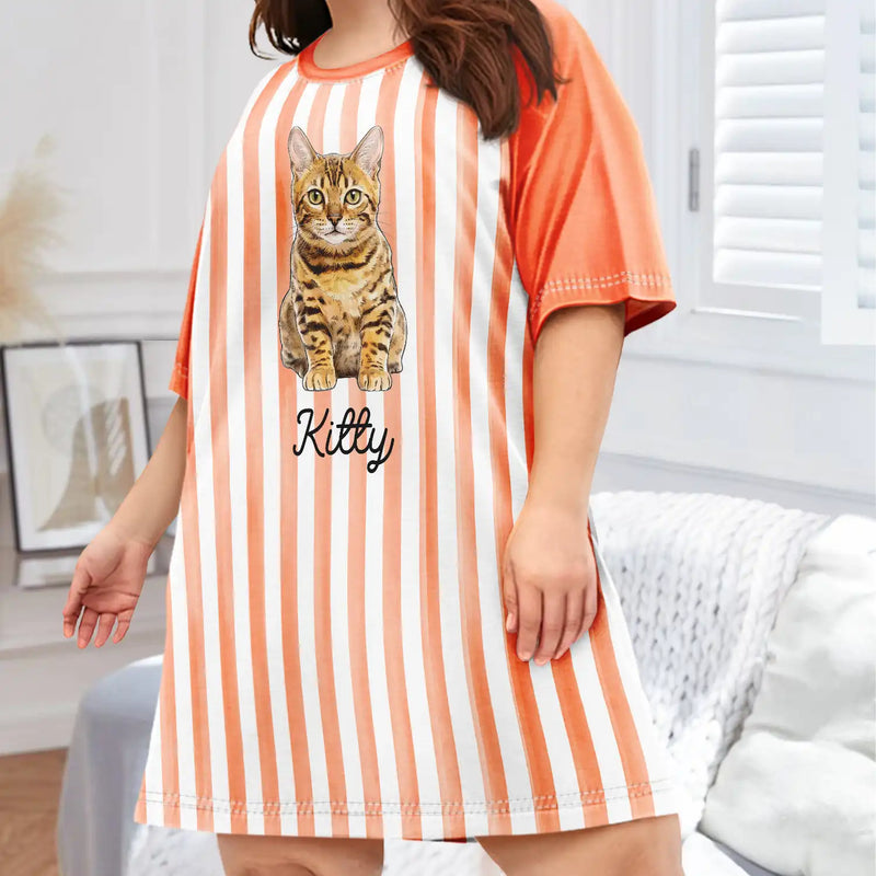 Pet Mom,Art Design,Playful,Gift For Mother,Pet Lovers,Photo - Vivid Watercolor Art - Custom Photo Vivid Watercolor Art Happy Dog Cat Pet Stripe - Personalized Women's Sleep Tee