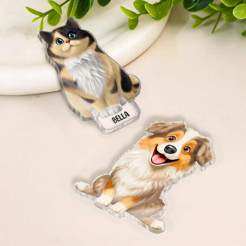 Pet Lovers, Cat Lovers, Dog Lovers, Non-Eng - Cute 3D Effect Dog And Cat With Name - Personalized Acrylic Fridge Magnet