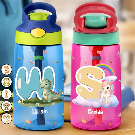 Cute Animals With Letters - Personalized Kids Water Bottle With Straw