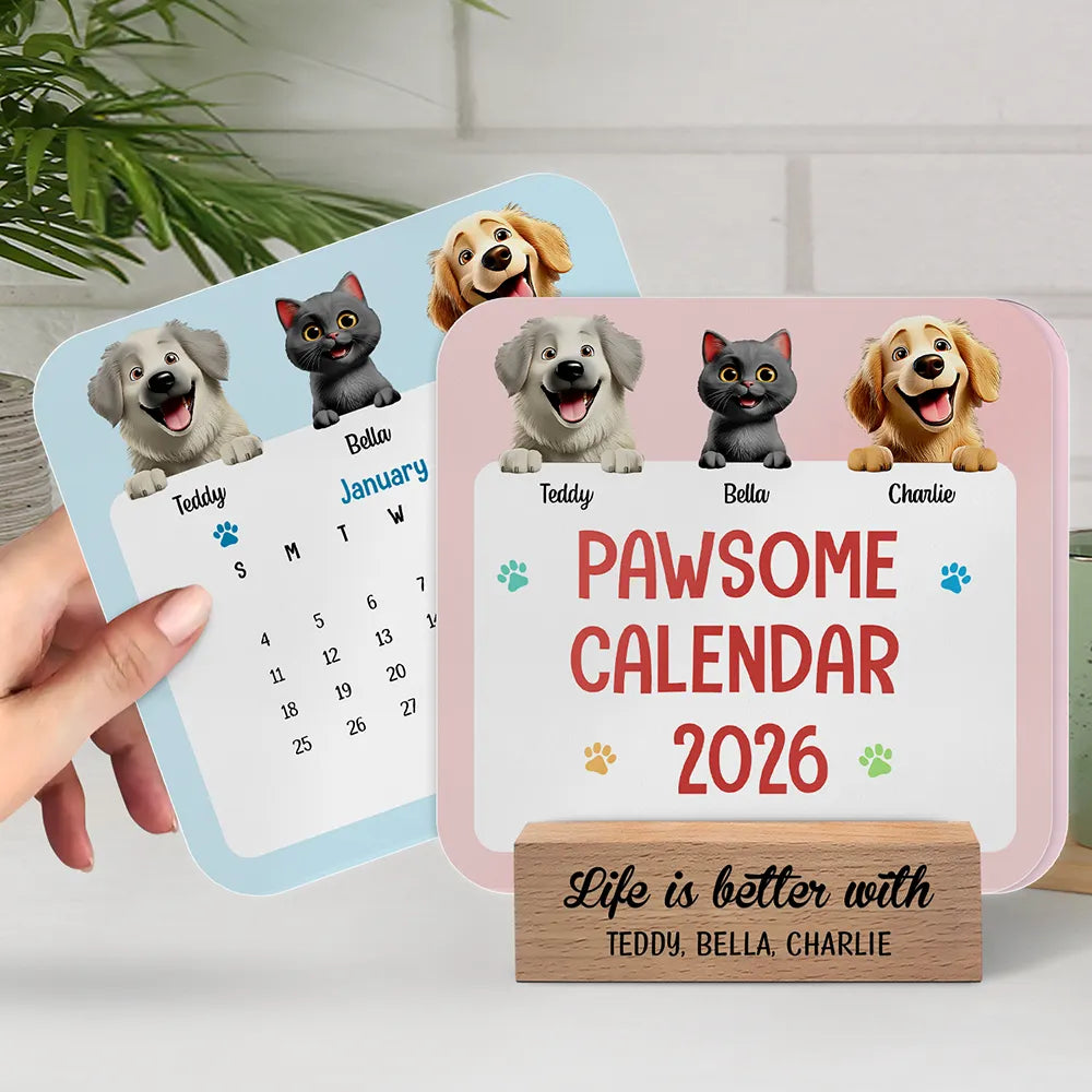 Cute Dog And Cat 3D Effect 2026 - Personalized Calendar With Wooden Stand