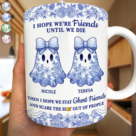 Cute Ghost Bestie Friends Until We Die Toile De Jouy Pattern - Personalized White Edge-to-Edge Mug