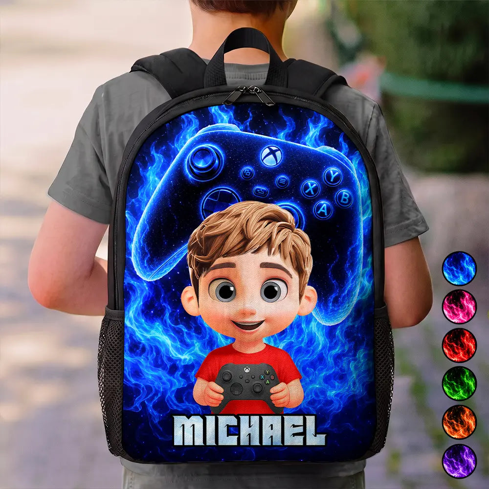 Cute Kid Gamer With Neon Flames - Personalized Kids Backpack