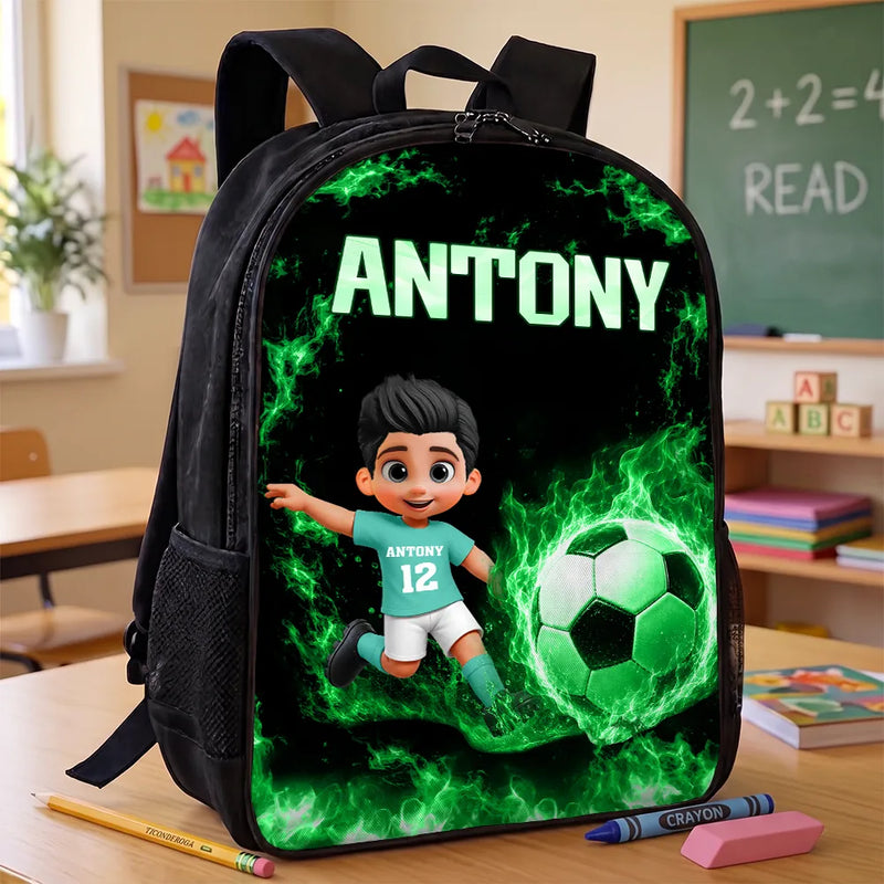 Adorable,Back To School,Football (Soccer),Gift For Kids,Vector - Cute Kid Soccer With Neon Flames - Personalized Kids Backpack