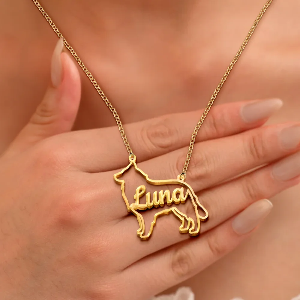 Dog Lovers, Dog Mom, Pet Lovers, Pet Mom, Love - Dog Shaped Line Art With Custom Name - Personalized Letter Necklace