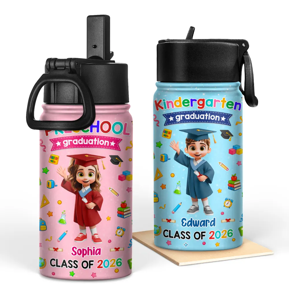 Graduation,Gift For Grandkids,Gift For Kids,Happy,Vector - Cute Graduation Kid Kindergarten Preschool - Personalized Kids Water Bottle