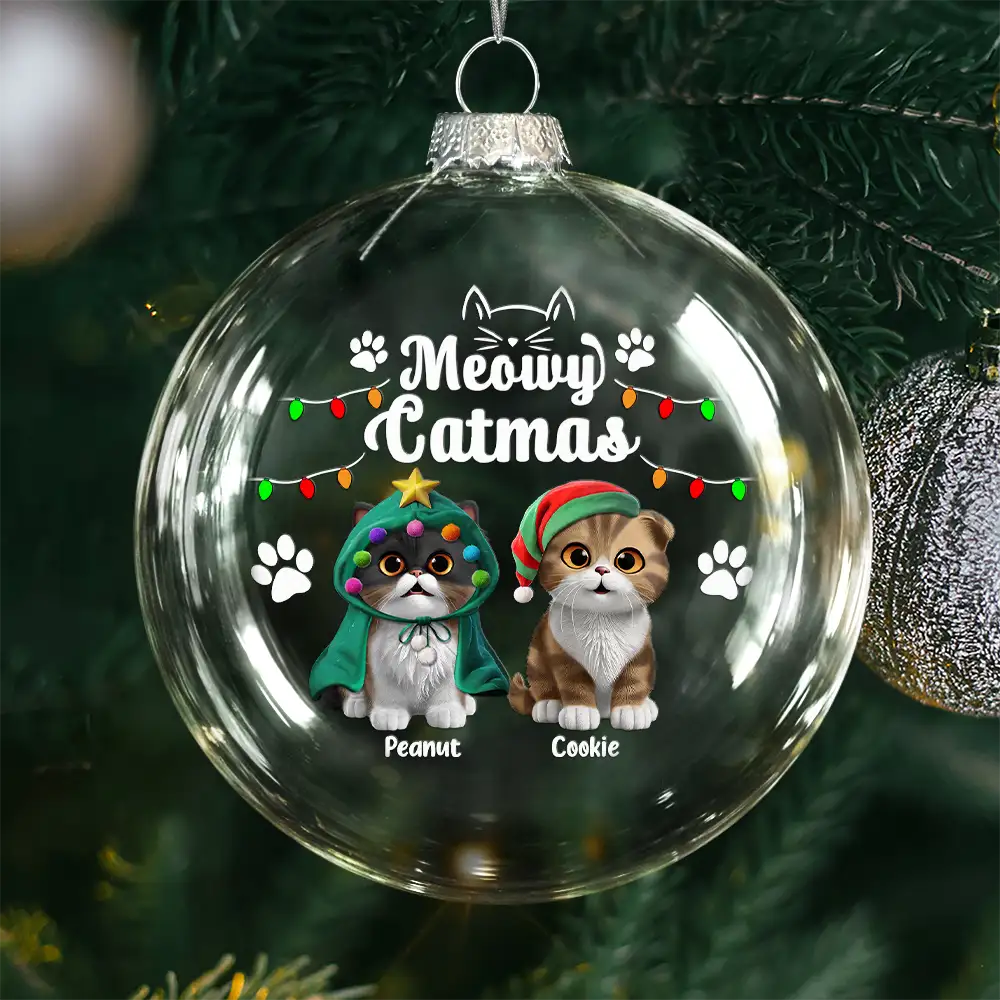 Cat Lovers, Christmas, Funny - Meowy Catmas Funny 3D Effect Cats - Personalized Clear Flat Ball Ornament