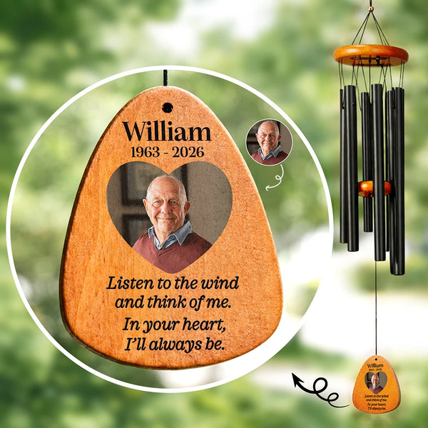 Sad,Memorial,Dog Lovers,Cat Lovers,Pet Lovers,Family - Custom Photo Listen To The Wind And Think Of Me Memorial - Personalized Wind Chime