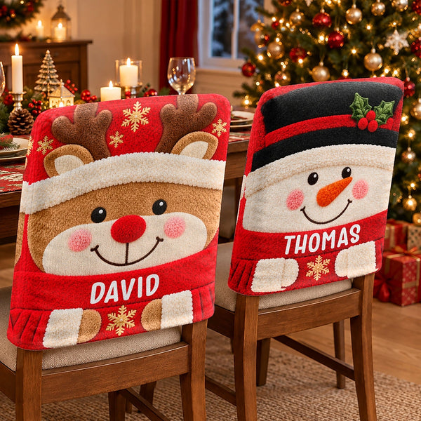 Christmas,Family,Happy,Icon - Christmas Table Decor Gift For Family - Personalized Faux Chenille Effect Santa Snowman Reindeer Chair Back Cover