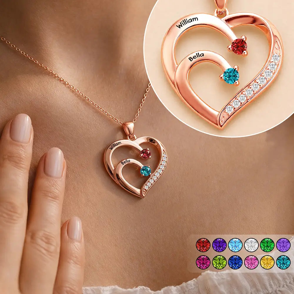 Custom Name And Gemstones Jewelry For Grandma Mom - Personalized Birthstone Heart Necklace