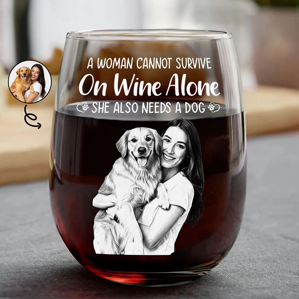 Happy,Dog Lovers,Pet Lovers,Dog Mom,Dog Dad - Custom Photo Pencil Sketch Art A Woman Cannot Survive On Wine Alone Dog - Personalized Stemless Wine Glass