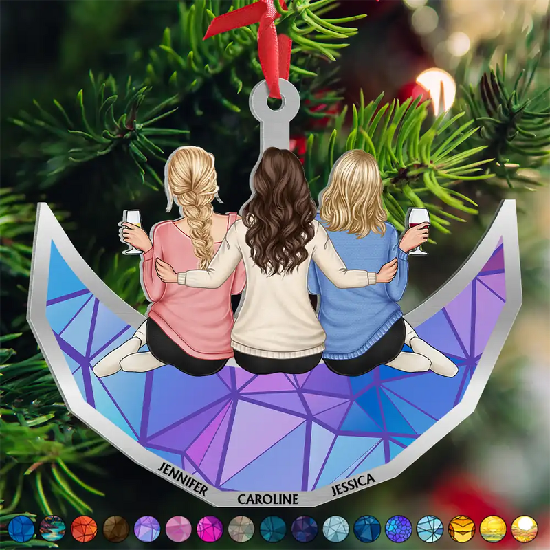 Gift For Bestie, Gift For Sisters, Love, Christmas - Besties Friends Sitting On The Moon Sister Forever - Personalized Metal Ornament