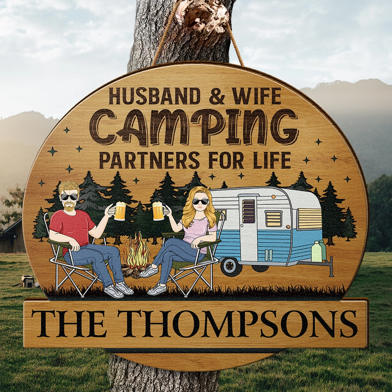 Camping Couple Husband & Wife Camping Partners For Life - Anniversary, Vacation, Funny Gift For Campers - Personalized Custom Shaped Wood Sign