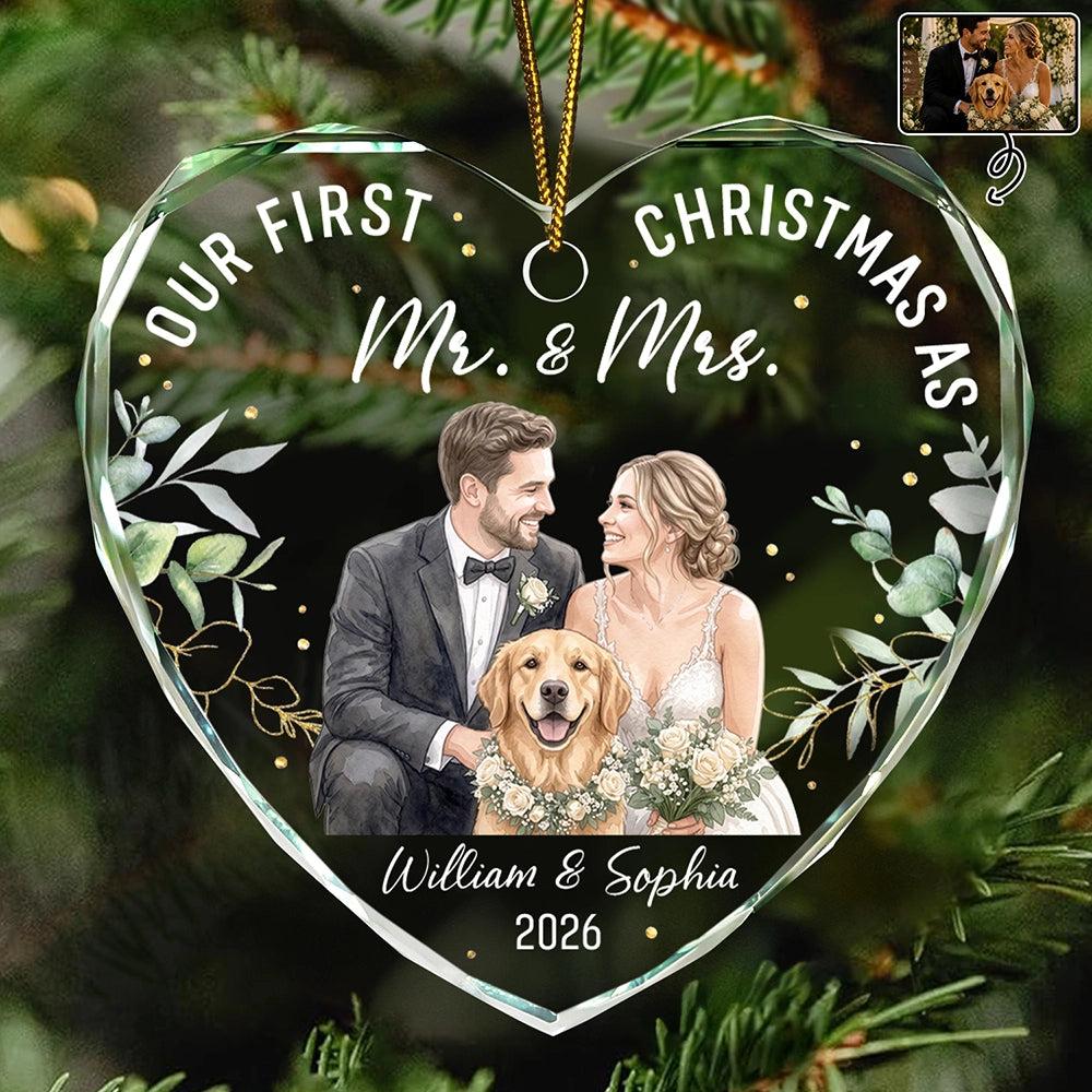 Custom Photo Realistic Watercolor Art Our First Christmas As Mr & Mrs Wedding Couple Pet - Personalized Heart Shaped Glass Ornament