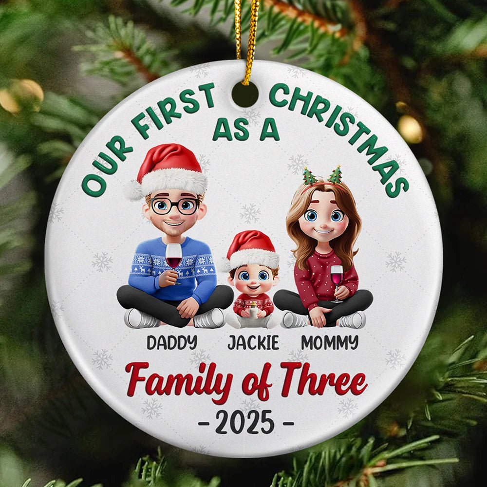 First Christmas As A Family Of Three New Parents 3D - Personalized Circle Ceramic Ornament