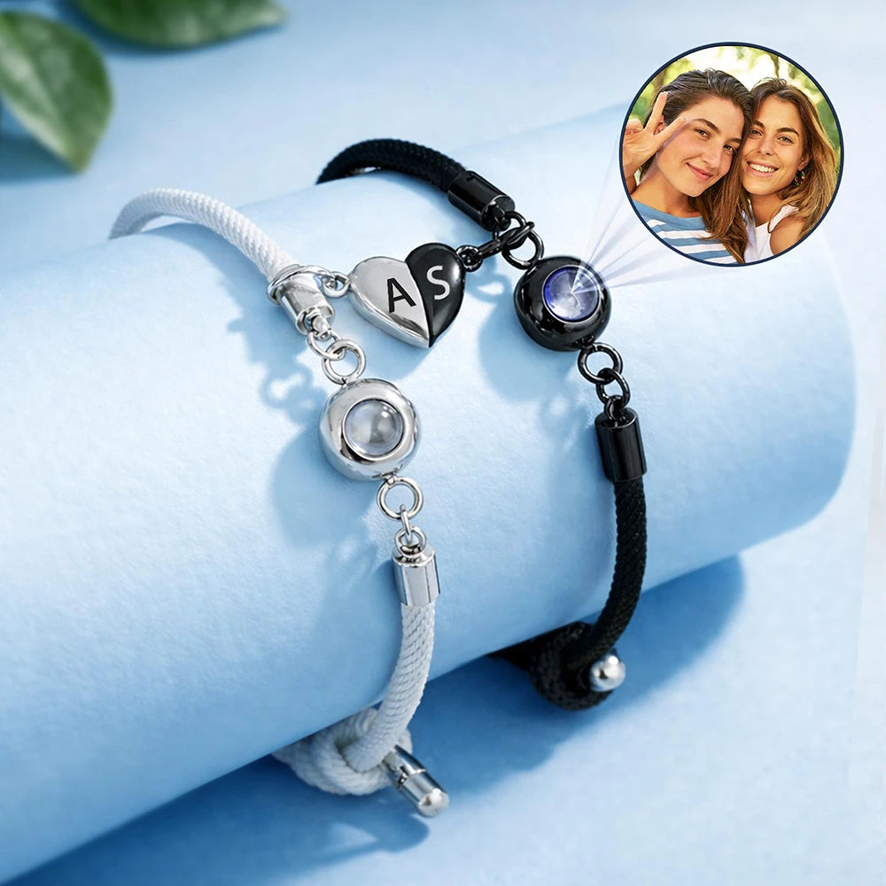 Custom Photo Besties Sisters Forever - Personalized Photo Projection Bracelet Magnetic Initial