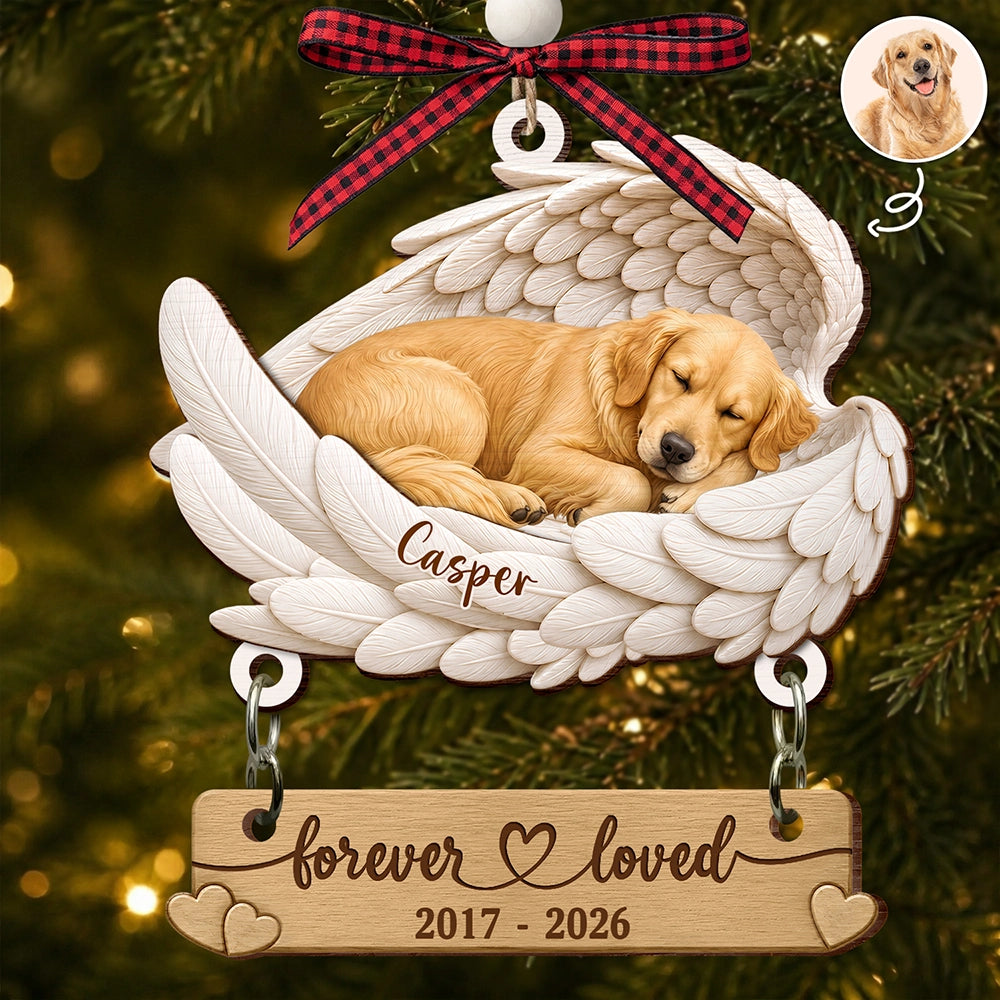 Custom Photo Sleeping Angel Forever Loved Memorial Dog Cat - Personalized Wooden Ornament With Tag