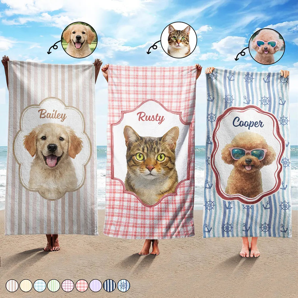 Custom Photo Realistic Watercolor Art Watercolor Dog Cat Pet Portrait Vintage - Personalized Beach Towel