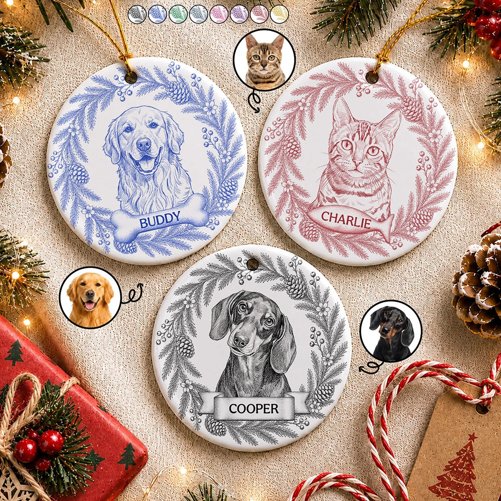 Custom Photo Pencil Sketch Loving Dog Cat Pet Portrait - Personalized Circle Ceramic Ornament