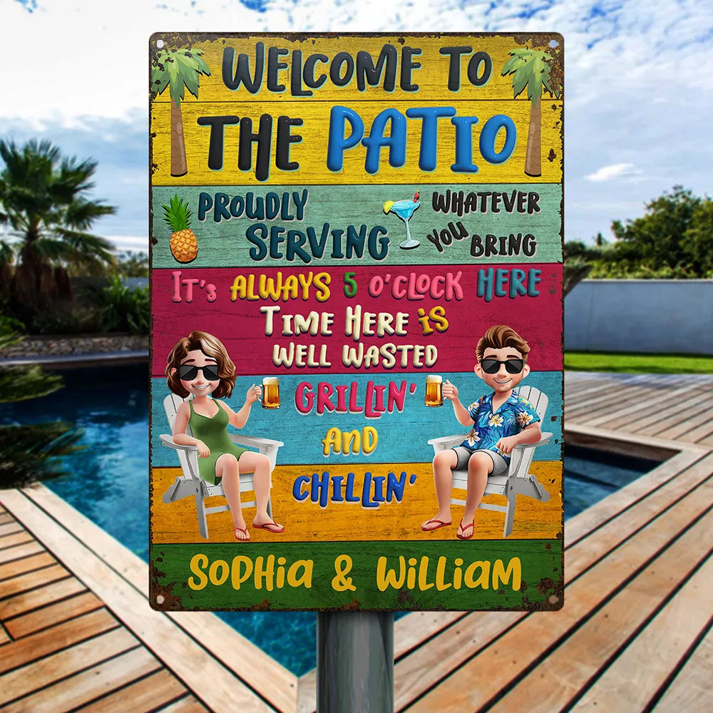 Patio Welcome Grilling Proudly Serving Whatever You Bring Cartoon Couple - Personalized Classic Metal Signs